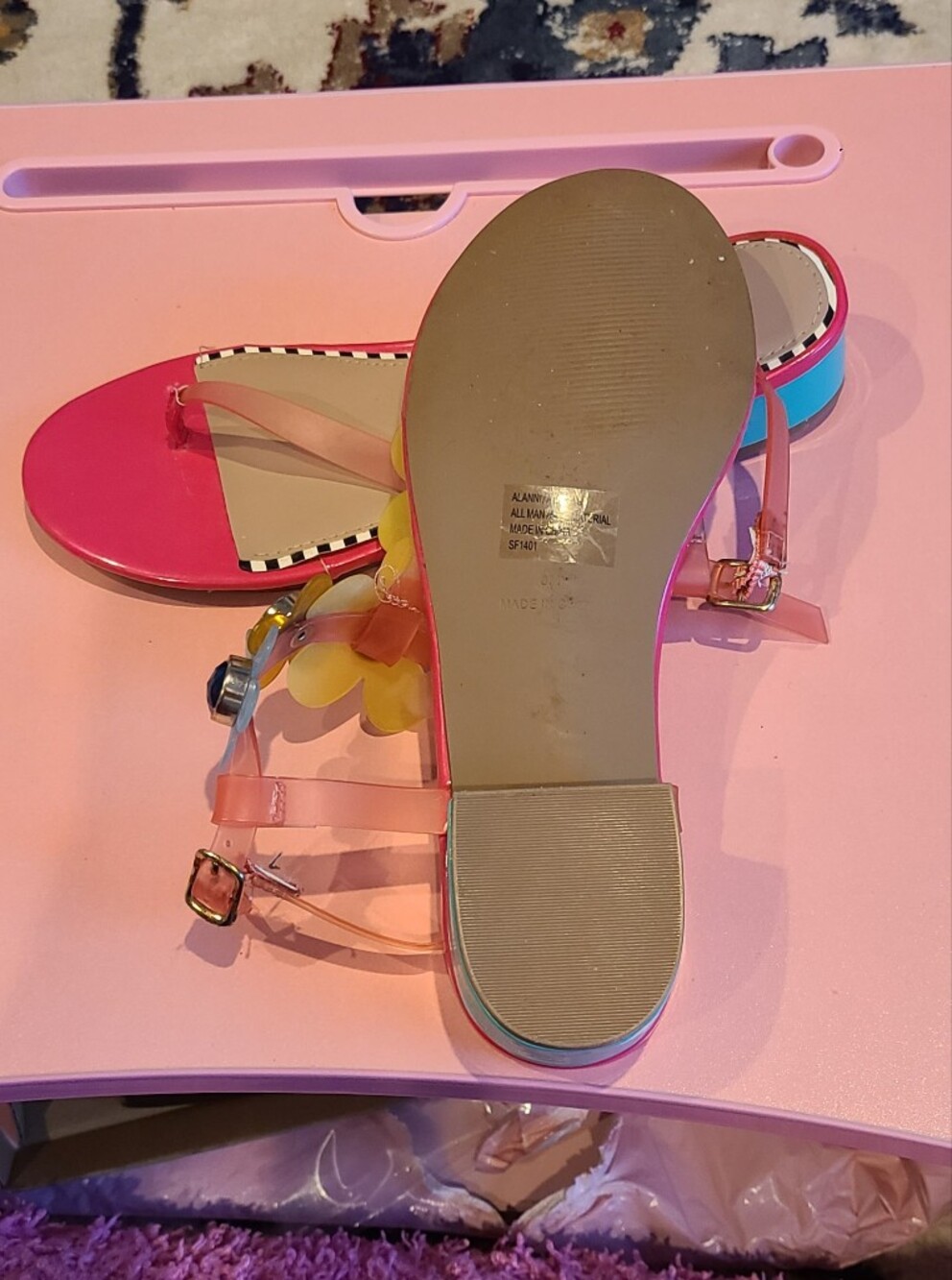 Betsey Johnson Pink Floral Jelly T-Strap Sandals with Multi Gem Flowers - Picture 4 of 5